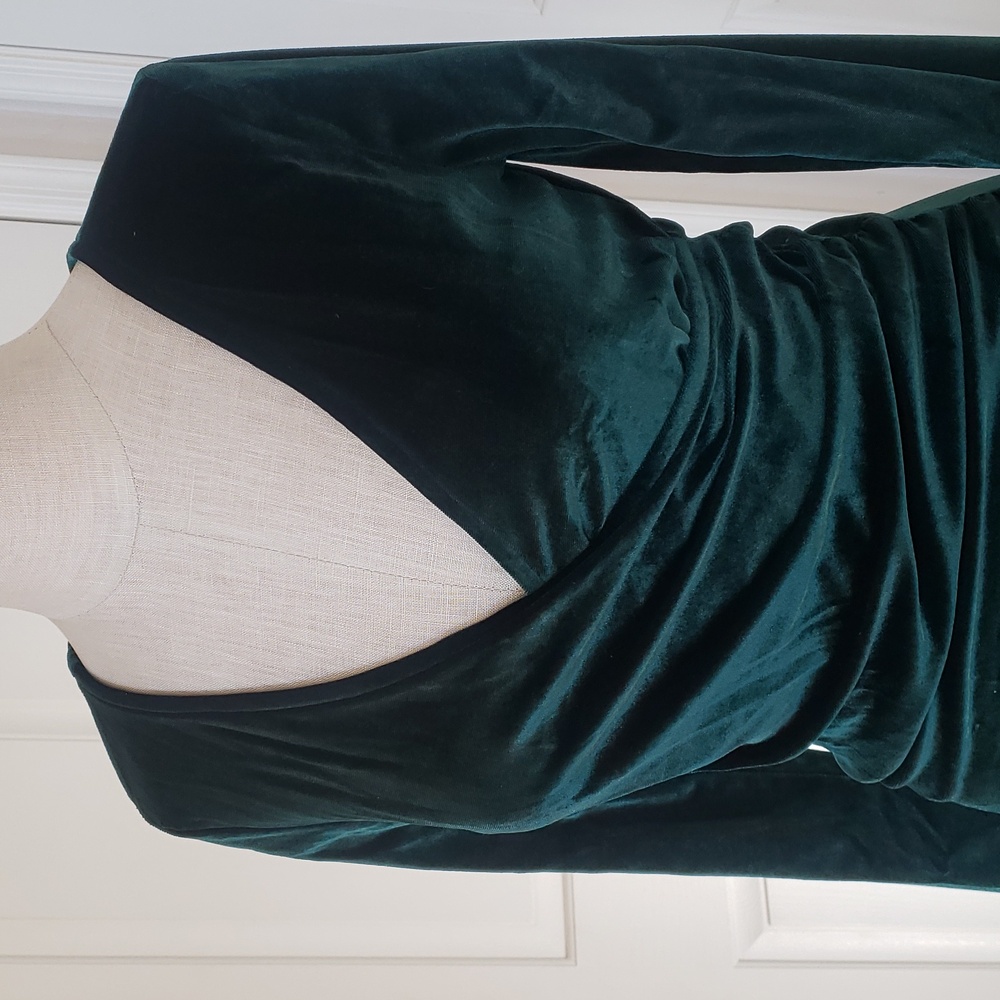 Emerald Green Velvet Ruched Tulip Wrap Dress Long Sleeve S - Picture 8 of 14